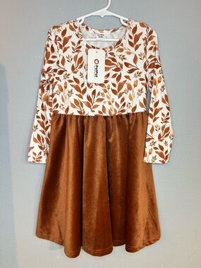 NWT PatPat White and rust Leaf-Print Velvet Dress girls 5-6 y long sleeve
